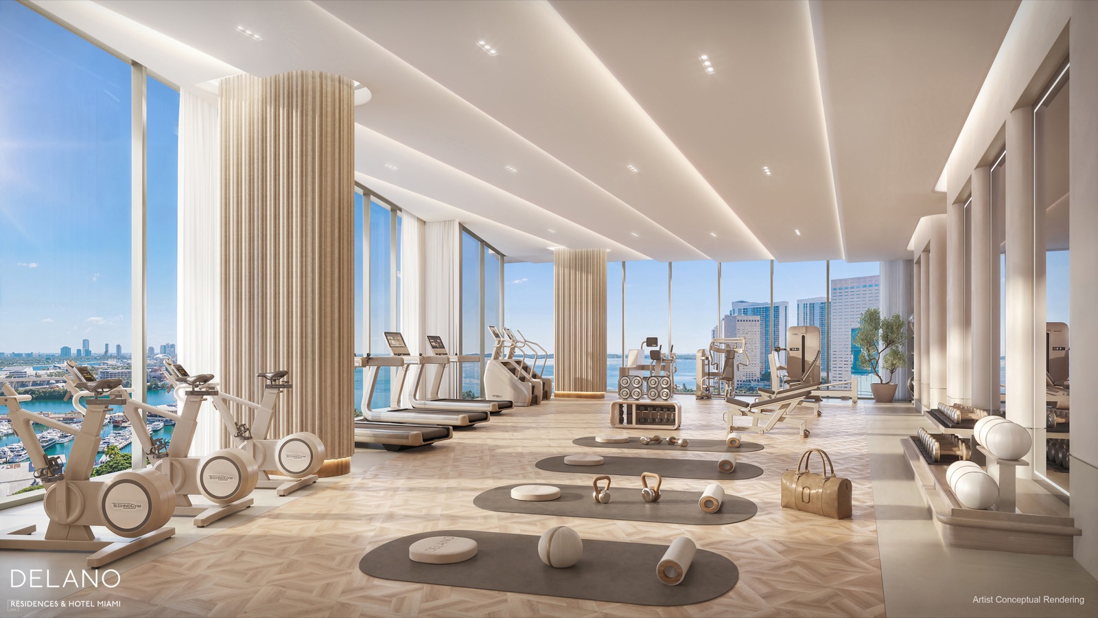 Full-floor state-of-the-art fitness center with movement studio and skyline views.