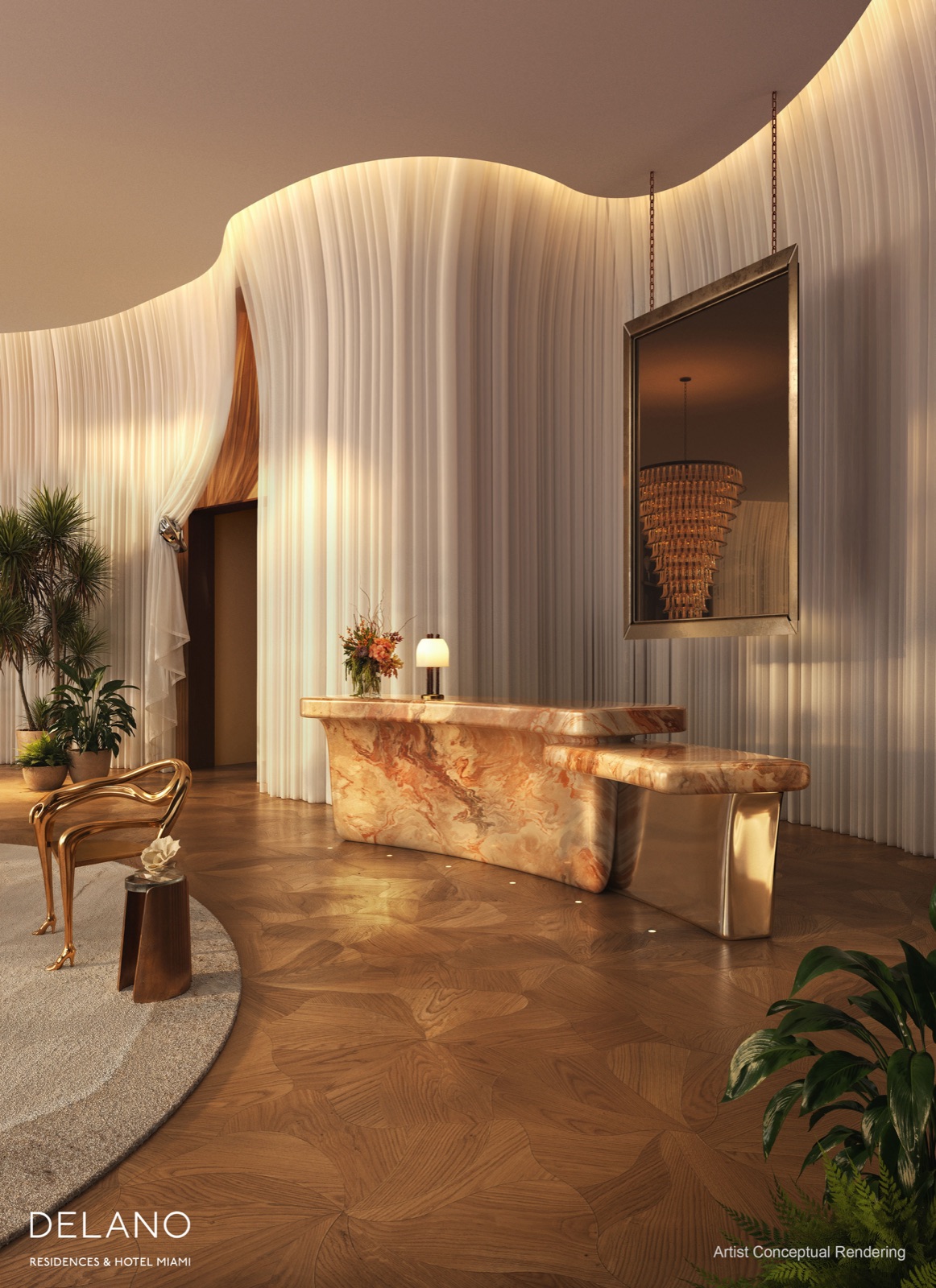 Delano Miami lobby — sculptural circulation, filtered light, and mineral-toned arrival designed by Meyer Davis.