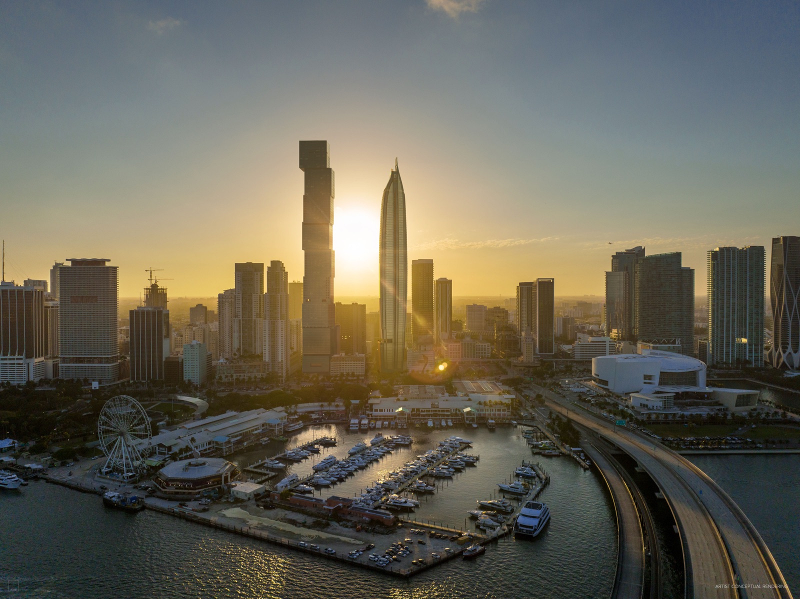Delano Residences & Hotel Miami — 90-story tower with sculptural curved façade rising over Downtown Miami and Biscayne Bay.
